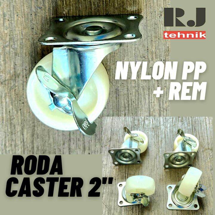 Roda Caster Kastor Nylon Plastik Inch Hidup Rem Brake Troli Meja Kursi Etalase Set Pcs