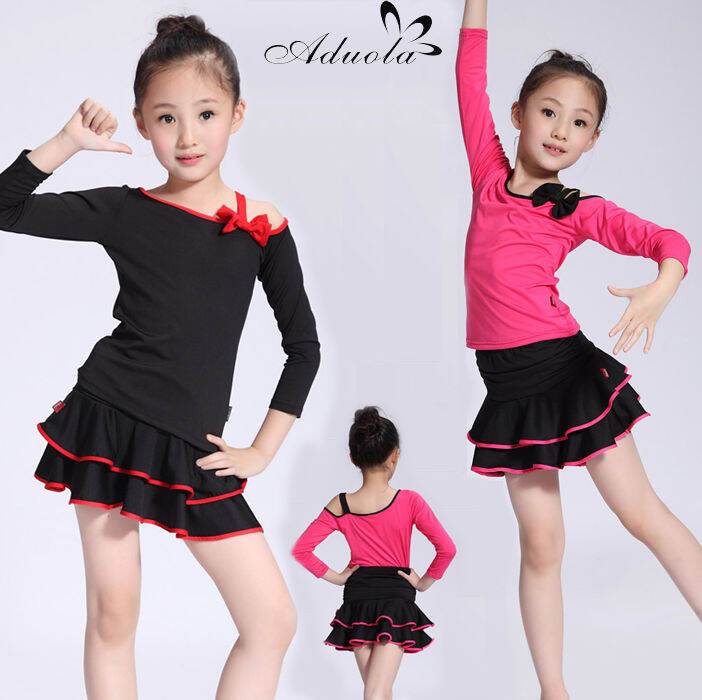 Children's Latin Dance Set Girls Long Sleeve Latin Dance Skirt Ruffle Exercise Clothing Dancing