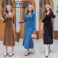 ?MaxiDress แม๊กซี่เดรสผ้าทอนุ่ม แต่งกระดุมหน้า ช่วงชายแต่งพีท