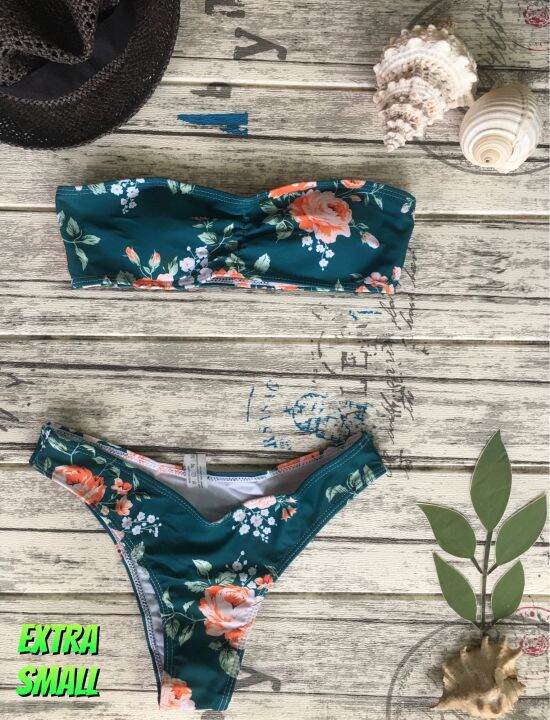 PINE GREEN FLORAL EXTRA SMALL PADDED TUBE BANDEAU HIPPED TWO PIECE SWIMSUIT•BIKINI•SWIMWEAR