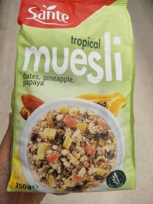 Sante Muesli Tropical 350g. อาหารเช้าธัญพืช ผสมอินทผาลัม สับปะรดและมะละกออบแห้ง 350กรัม