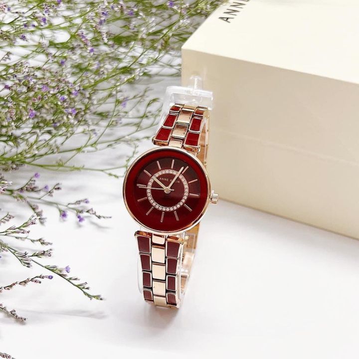 นาฬิกาข้อมือผู้หญิง-anne-klein-womens-swarovski-crystal-accented-rose-gold-tone-and-burgundy-watch-and-bracelet-set-ak3286byst-size-28-mm