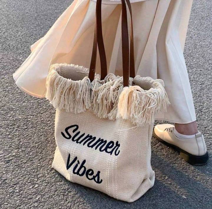 กระเป๋าผ้าแคนวาสลายปัก-summer-vibes-ใบใหญ่จุของได้เยอะงานสวยแบบน่ารักไม่ไก่กาแน่นอนค่ะ-ของจริงสวยเหมือนในรูปเลย