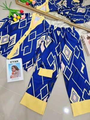 ชุดเซทเชิ้ตสีน้ำเงินตัดขอบสีเหลือง สีสวยมากเรียบหรูดูแพงมากๆ ขายาวผ้าโพลี ผ้าเกาหลี งานป้าย Miss Alley