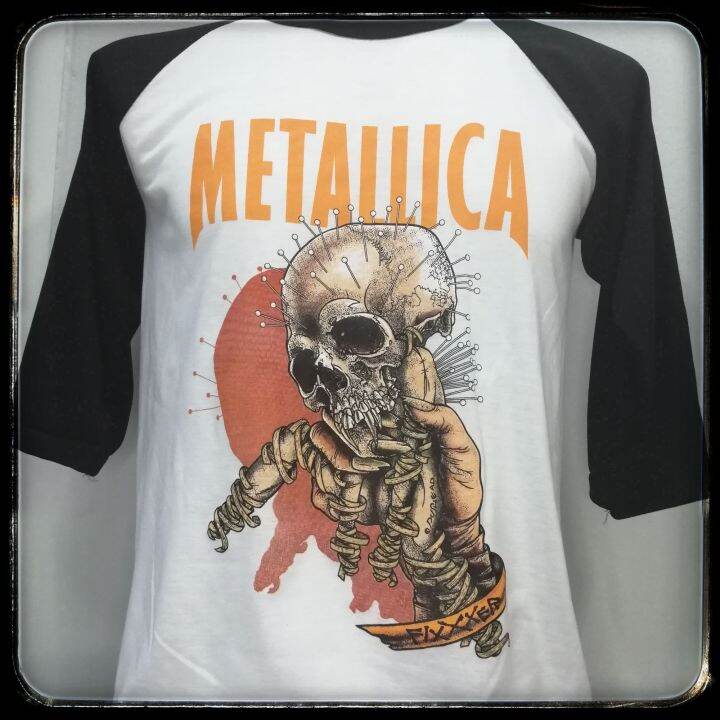 เสื้อวง-metallica-แขน-สา-มส่วน-ผ้า-บาง-เสื้อขาวแขนดำ