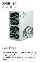 เครื่องขุดเหรียญGoldshell Mini-DOGE มือสอง mining Scrypt algorithm with a maximum hashrate of 185Mh/s for a power consumption of 233W.