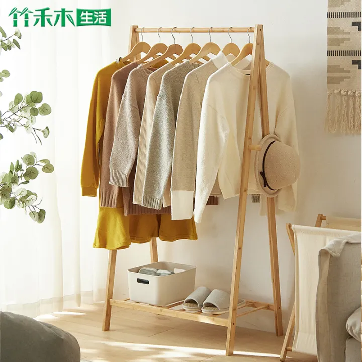 Movable Storage Rack Clothes Hanger, Bamboo Coat Rack With Shelf Life