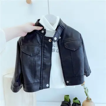 Zip-Front Bomber Jacket Kids Leather Blend Winter Wear Full-Sleeves Jackets  For Baby Boys