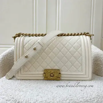 Chanel White Caviar Quilted Medium Boy Bag