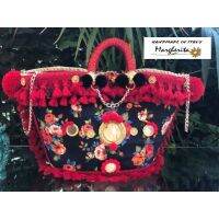 Italian Garden Red Tassel Margherita bags with handmade in Italy มาร์เกริต้า กระเป๋าสานอิตาลีดอกพู่สีเเดงลายสวนอิตาลี