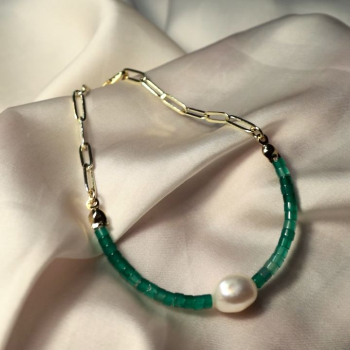 กำไลหิน-solitarius-คาลซิโดนีเขียว-green-chalcedony-และไข่มุก-pearl-bracelet