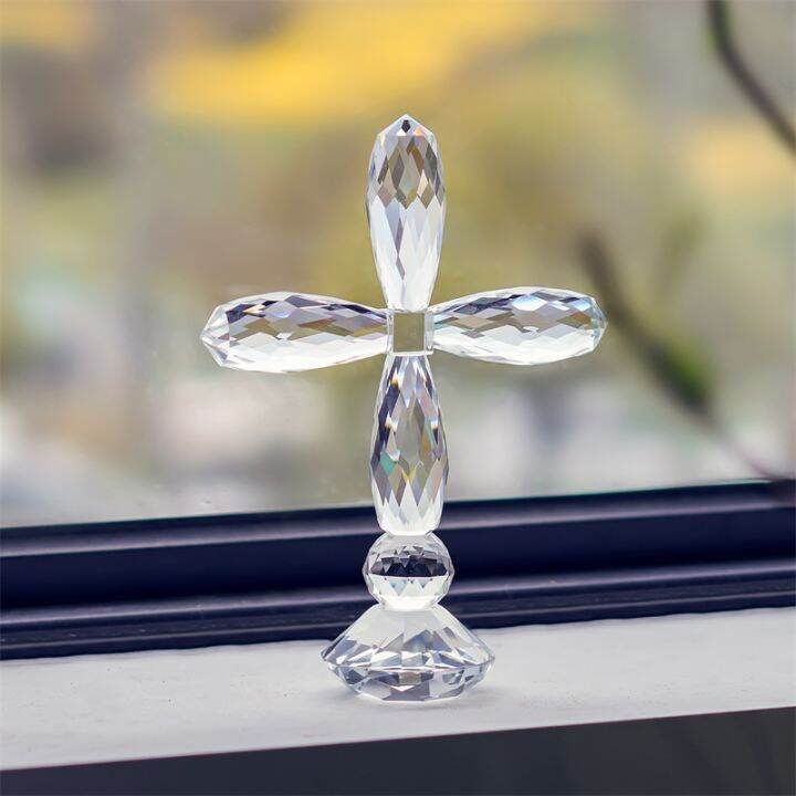 Crystal Cross Standing on Base Glass Cross Figurine Collectible