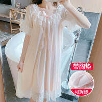 Korean Version of the with the Thoracic Pad Pure Cotton Nightdress Lace Pajamas Female Sweet Sexy Court Princess Style Cute Fairy Home Services vbn