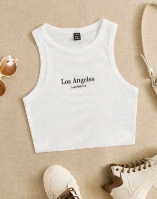 พร้อมส่งด่วนจากไทย ป้าย SHEIN เสื้อครอป เสื้อกล้าม สีขาว กราฟฟิค ตัวอักษร Los Angeles