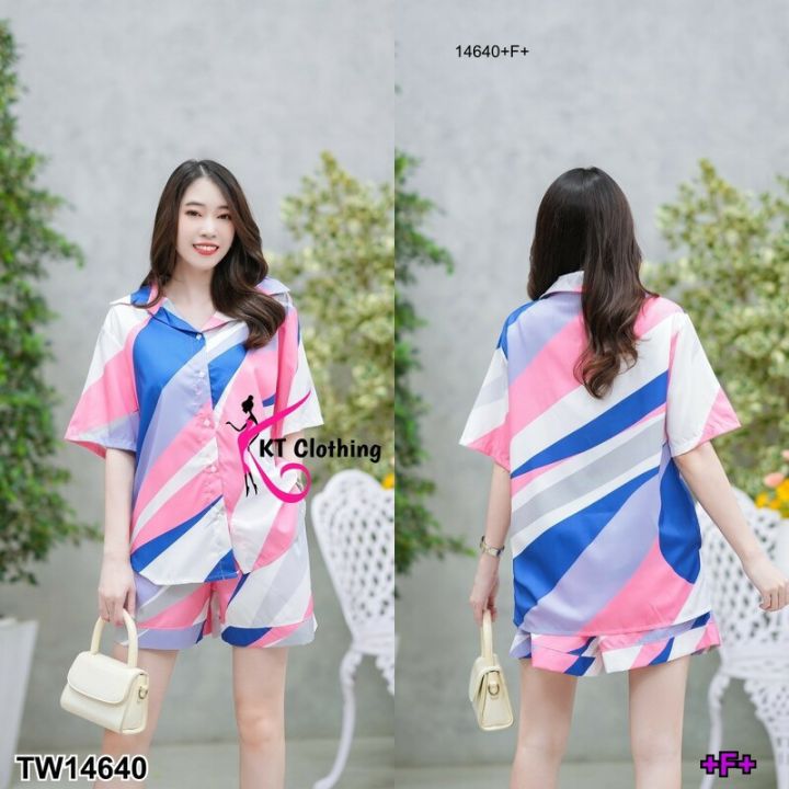 14640-set-เสื้อเชิ้ตแขนสั้น-กางเกงขาสั้น-ลายกราฟฟิก