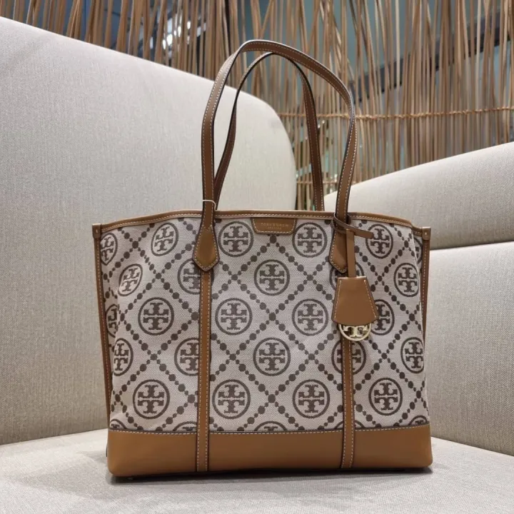 TORY BURCH PERRY T MONOGRAM JACQUARD TRIPLE COMPARTMENT TOTE 