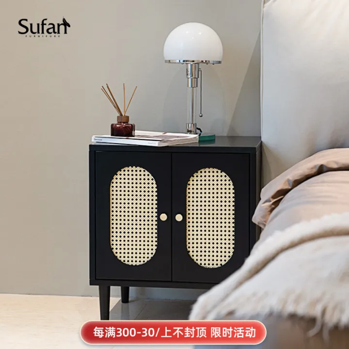 Sufan Retro Style Rattan Bedside, Small Bookcase Bedside Table