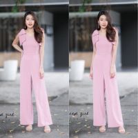 D20-315 Jumpsuit จั้มสูทแขนกุดขายาว ผ้าซาร่าสีพื้นไหล่แต่งโบว์ 2 ข้าง