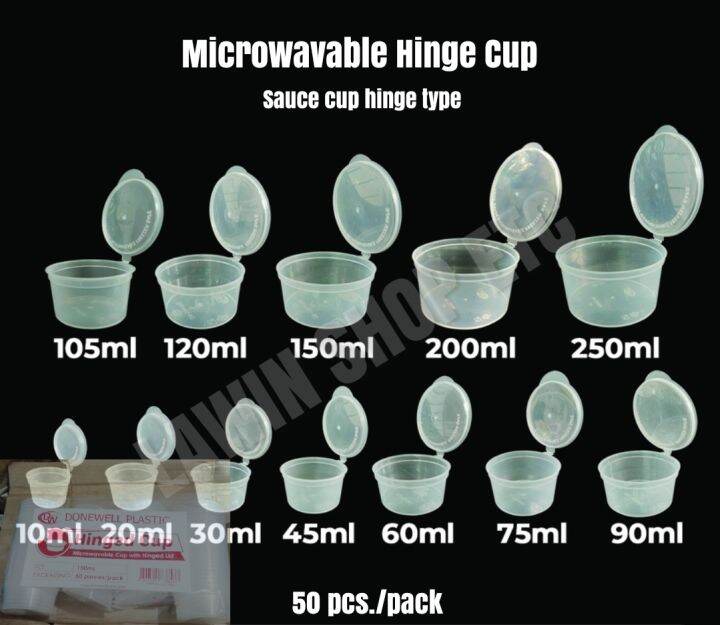 MICROWAVABLE HINGE CUP / SAUCE CUP WITH HINGE 50 pcs./pack many sizes