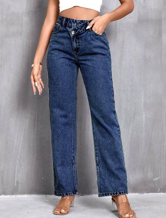 Asymmetrical Waist straight leg jeans | Lazada PH