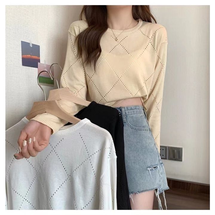 พร้อมส่ง-ใหม่-98102เสื้อยืดแขนยาวกลวงบางสตรีปี-2022-การออกแบบใหม่เสื้อกันหนาว