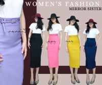 ?ป้าย Mirrorsister กระโปรงยาวเลยเข่าทรงดินสอผ่าหลัง มาพร้อมเข็มขัดเส้นเล็กหัวเหลี่ยมสีเดียวกันกับตัวกระโปรง