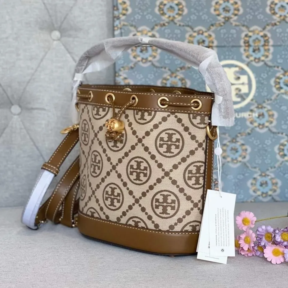 NWT Tory Burch 84336 T Monogram Jacquard Bucket Bag Hazelnut/Tory Red