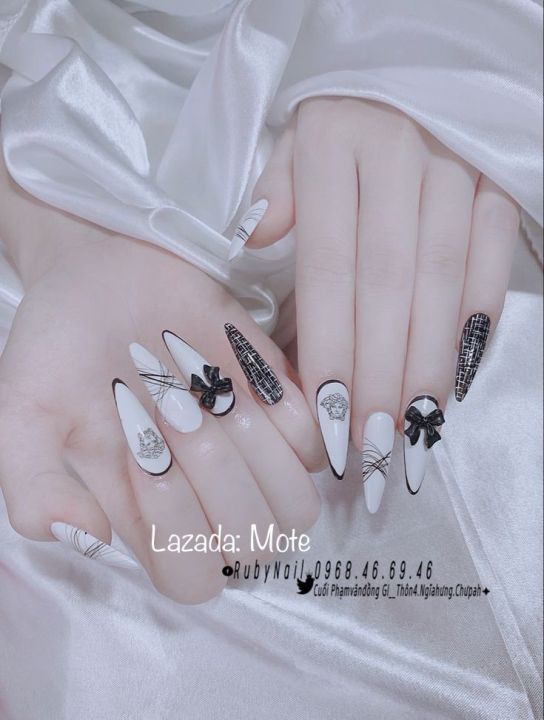 Móng tay úp nails thiết kế trắng đen - tặng keo và dũa | Lazada.vn
