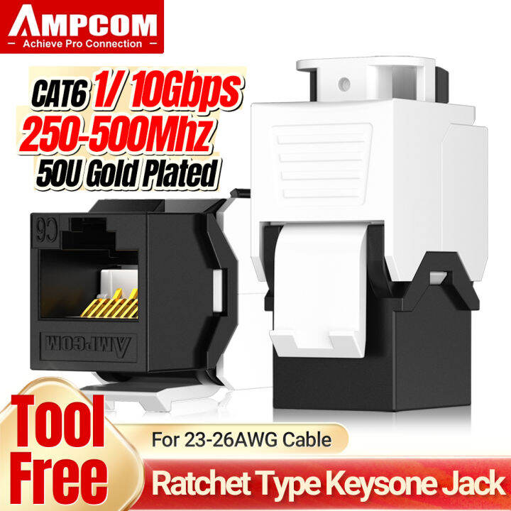 AMPCOM CAT6 RJ45 Keystone Jack, Ratchet Lock UTP Toolless Modular ...