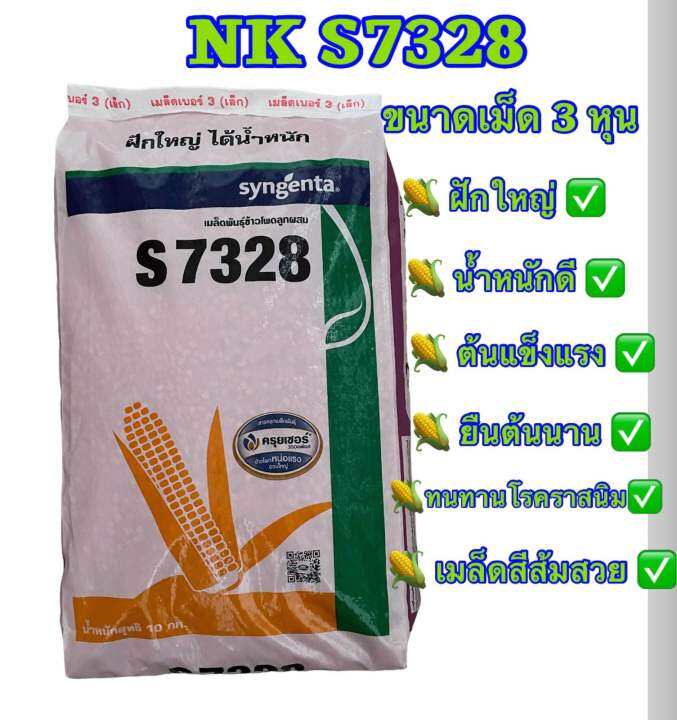 เมล็ดพันธุ์ข้าวโพด-nk-s7328-เม็ดขนาด-3-หุน-10-กก-ข้าวโพดฝักใหญ่-หน่อแรง-การันตรีด้วยคุณภาพยืนหนึ่ง