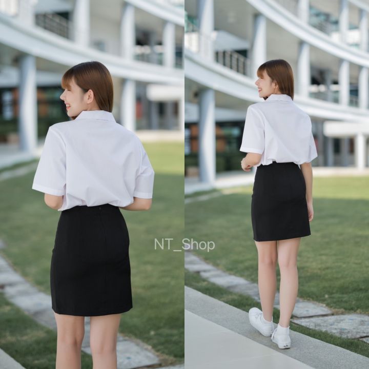 กระโปรงทรงเอ-ไม่ผ่า-กระโปรงนักศึกษาใส่เรียน-ใส่ทำงาน-ยาว18-20-22-24-ผ้ายืดฮานาโกะสีดำ