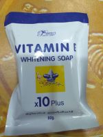 VITAMIN E  WHITENING SOAP  X10 PLUS สูตรเข้มข้น ช่วยให้ผิวชุ่มชื่น นุ่มนวล ลดสิวฝ้า กระ จุดด่างดำ ป้องกันปัญหาผิวหมองคลำจุดด่างดำ เพิ่มให้ผิวขาวกระจ่สงใส บำรุงผิวพรรณยับยั้งการเกิดฝ้า ผิวหยาบกร้านหรือแสบร้อนจากแสงแดด UV เป็นประจำ ชะลอการเสื่อม ของเซลล์ผิว