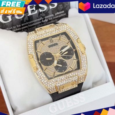 นาฬิกาข้อมือ GUESS GOLD TONE CASE BLACK GENUINE LEATHER/SILICONE WATCH ขนาด  43 มม.