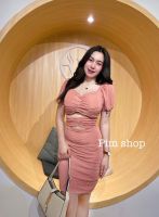 mini dress  โบว์หน้า ผ้าทอฟฟี่ อกเสริมฟองน้ำ