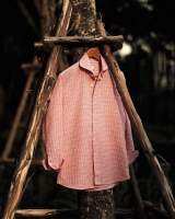 red gingham linen cutaway collar long sleeve shirt เชิ้ตผ้าลินินลายตารางสีแดงคอปีกนกแขนยาว