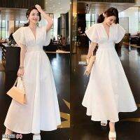 Maxi Dress  แม็กซี่เดรสยาวคอวี หน้า - หลัง แต่งจีบช่วงอก ด้านหลังผูกเชือกโบว์  15039