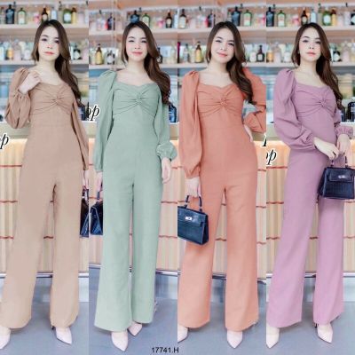 17741 Jumpsuit จั้มสูทขายาว แขนพอง อกแต่งผ้าม้วน