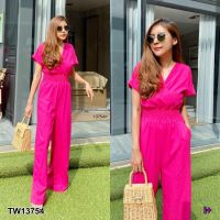 TW13754 Jumpsuit จั๊มสูทยาว คอวี ดึงสม็อกช่วงเอว มีกระเป๋าข้างสองข้าง ทรงสวยใส่แล้วดูผอมขายาวสุดๆ เนื้อผ้าลินิน