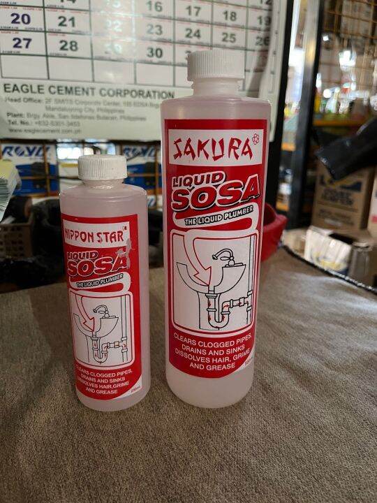 Liquid sosa clears clogged pipes, drains and sinks.Dissolves hair,grime