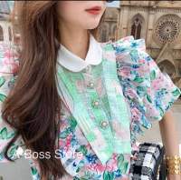 ?พร้อมส่ง?เสื้อเชิ้ตคอปกแต่งดอกไม้กระดุมเพชรใหญ่ดอกเดซี่ เสื้อแขนพองบอลลูนลูกคุล