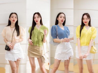 Dewishes 💛💙 Knitted V Blouse Korea Style เสื้อแขนพองไหมพรม เกาหลี