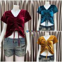 พร้อมส่ง.เสื้อครอปกํามะหยี่ เสื้อยืดกํามะหยี่รูดสายปรับด้าน สวยเซ็กซี่