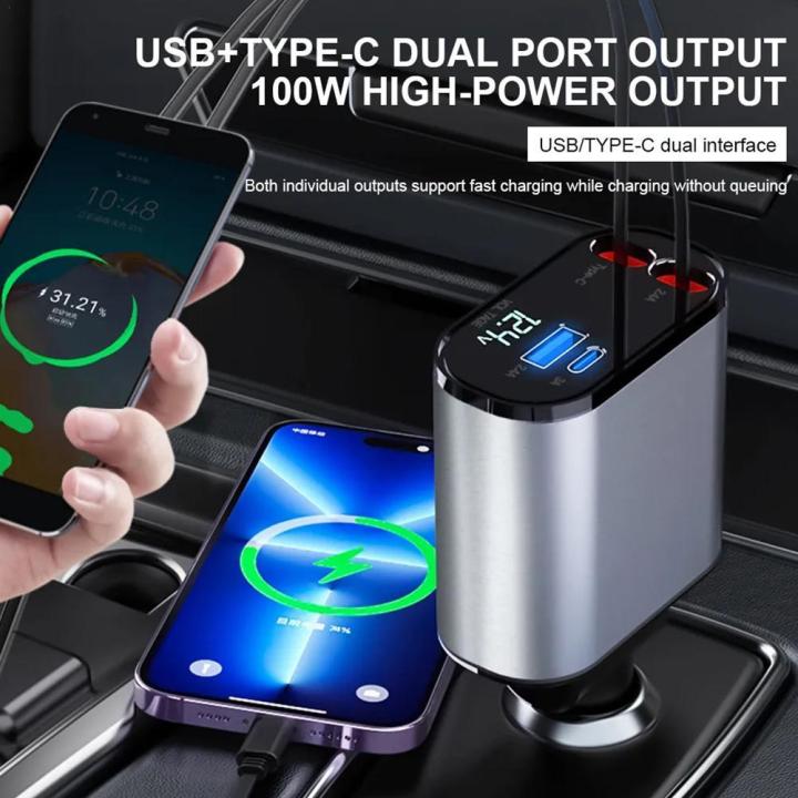 Usb C Car Charger, Fast Charge 60w, Two Retractable Cables (2.6ft