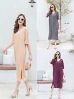 MYTOP​?New in​❤️Code: H55​ Maxi dress ผ้าพลีทเกาหลีริ้วสลับ คอวีผ่าข้าง ผ้าตัวใหม่นุ่มลื่นมาก