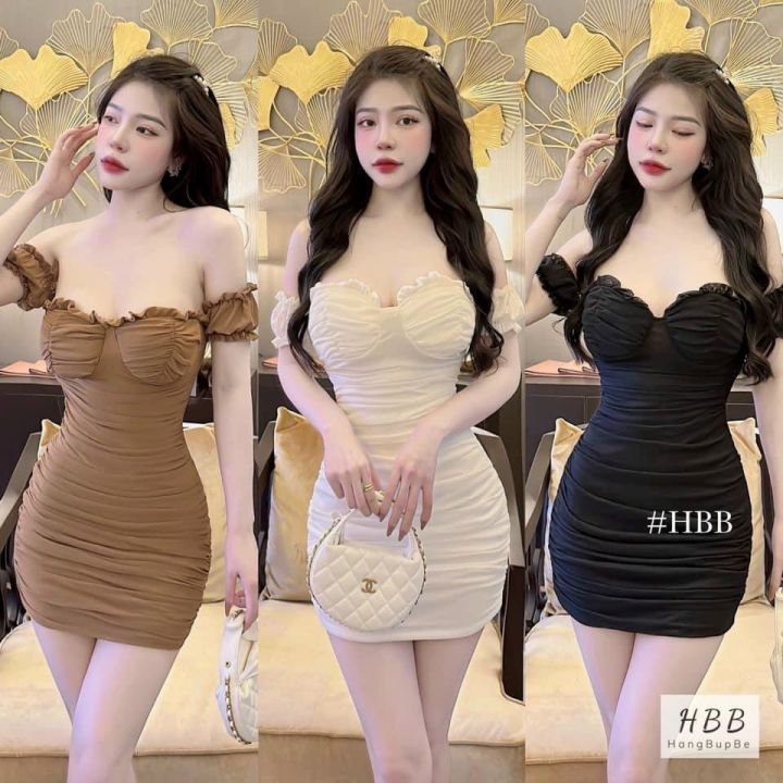 Váy trễ vai body thun gân - Đầm ôm nhún ngực trễ vai | Lazada.vn