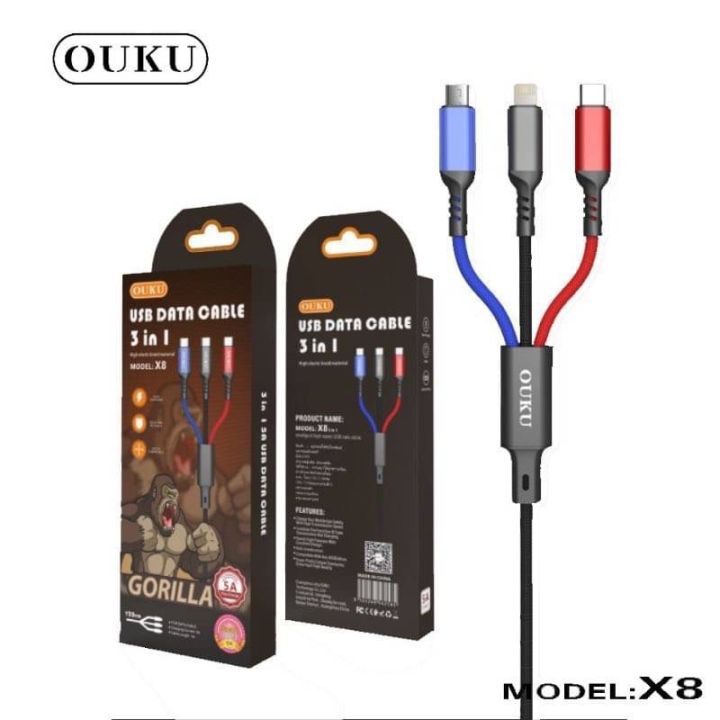 Ouku X8 5A ชาร์จเร็ว Data Cable สายถัก 3 ใน 1 สายชาร์จโทรศัพท์มือถือ สายถัก  ใช้ได้ 3 หัว คือ Micro Usb / Iphone /Type-C | Lazada.Co.Th