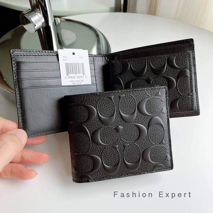 ของแท้100-กระเป๋าสตางค์ชาย-compact-id-wallet-in-signature-crossgrain-leather-coach-f75371