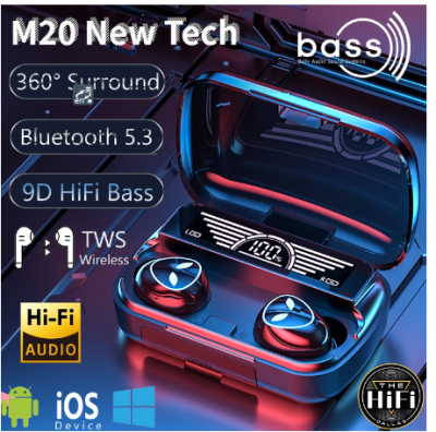 TWS หูฟัง M20 หูฟังไร้สายหูฟังบลูทูธ V5.3 หูฟังชนิดใส่ในหู 9D Stereo Hifi Bass การควบคุมแบบสัมผัส 3D อัจฉริยะหูฟังกันน้ำ