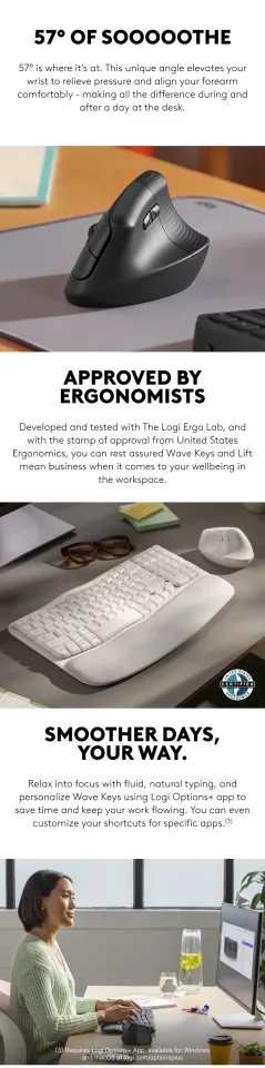 Logitech Wave Keys Wireless Ergonomic Keyboard with Cushioned Palm Rest,  Comfortable Natural Typing, Easy-Switch, Bluetooth, Logi Bolt Receiver, for