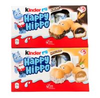 Kinder Happy Hippo เวเฟอร์อบกรอบรูปฮิปโปเคลือบผงช็อคโกแลตและสอดไส้ครีมช็อคโกแลต มีให้เลือก2รสชาต(ครีมช็อคโกแลต,ครีมเฮเซลนัท) จำนวนกล่อง5ชิ้น ขนมนำเข้า